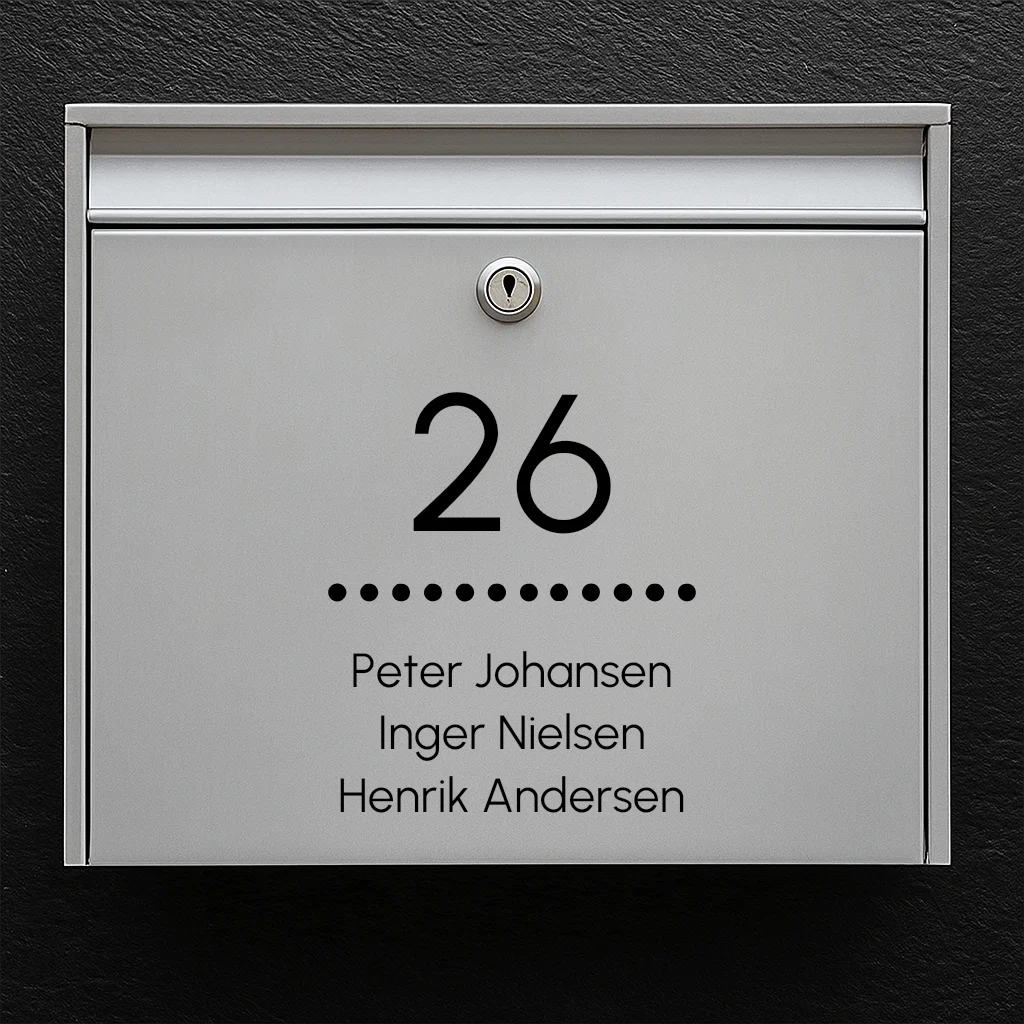 Postkassesticker – centreret husnummer med priklinje & navneliste