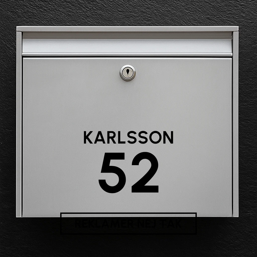 Mailbox sticker – last name above large house number + “No advertising” badge