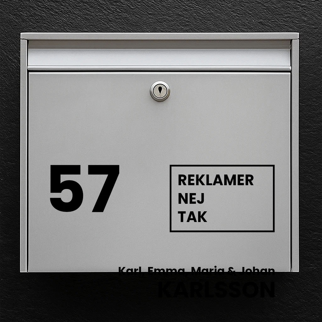 Mailbox sticker – large house number, advertising-free square badge & last name (with first name line)
