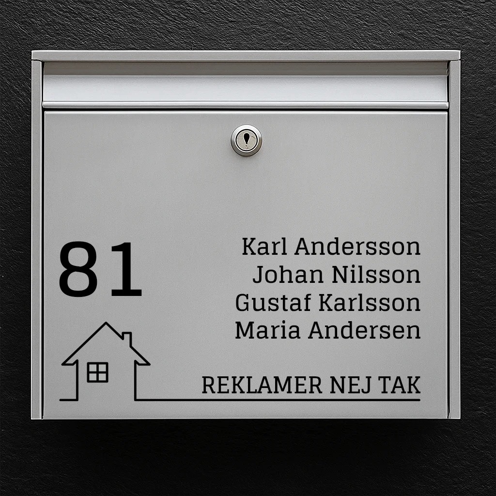 Mailbox sticker - large house number, name list & house icon with "No advertising" baseline