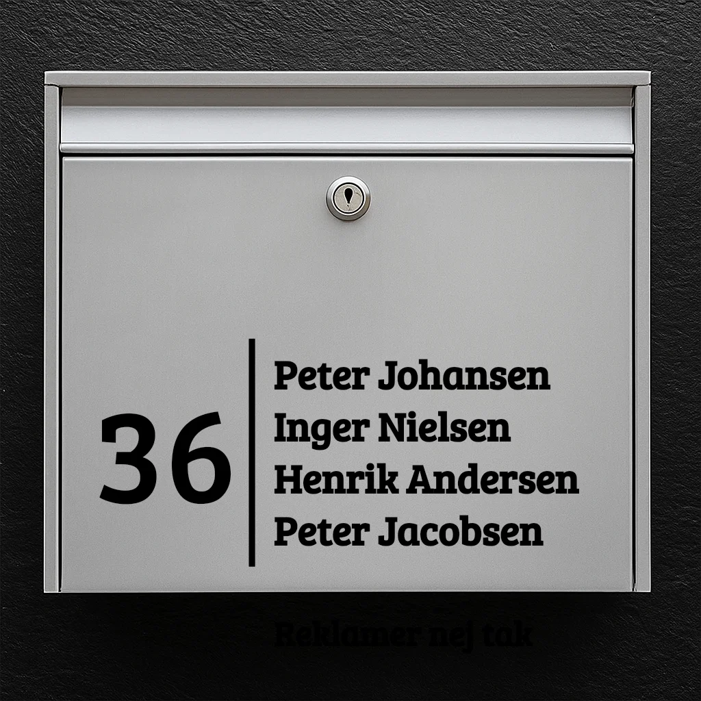 Briefkastenaufkleber – große Hausnummer mit vertikaler Trennlinie, Namensliste und „Keine Werbung“-Linie 