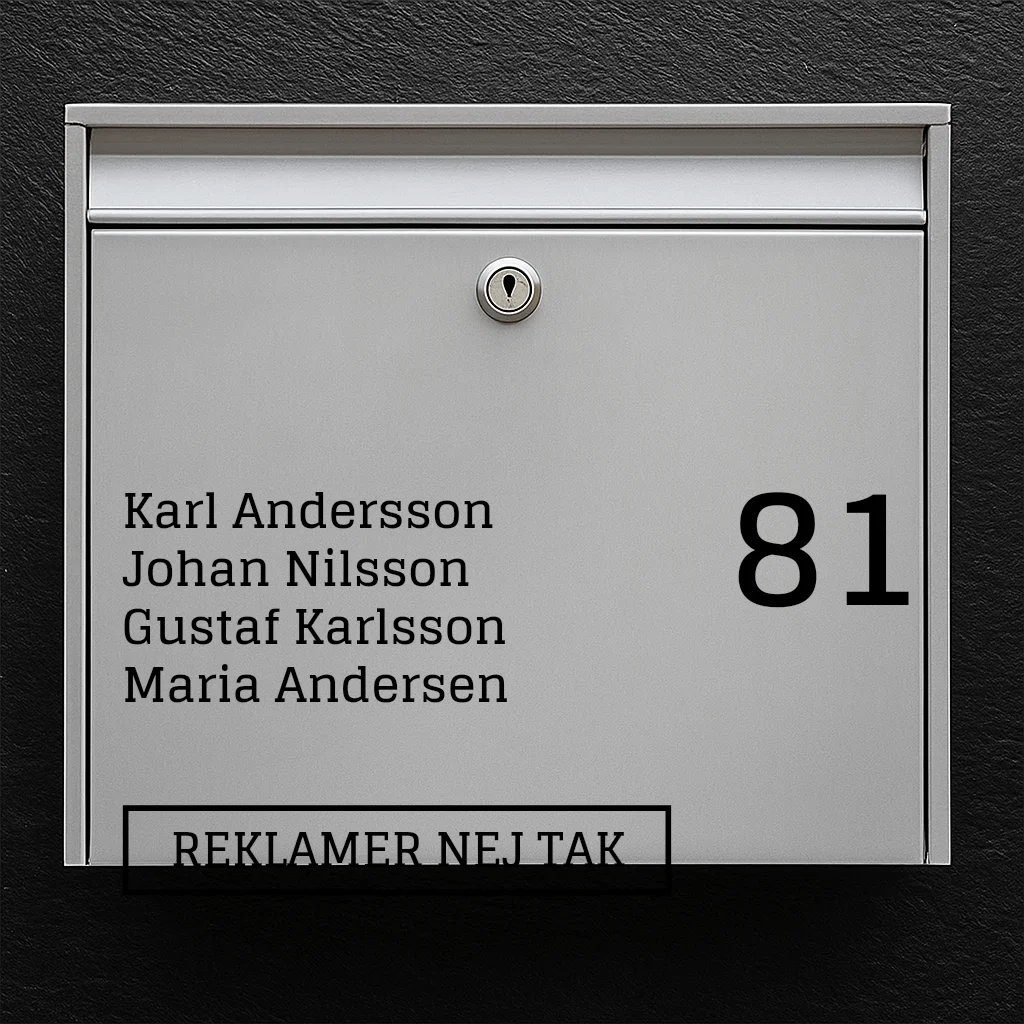 Mailbox sticker - list of names & large house number + "No advertising" badge