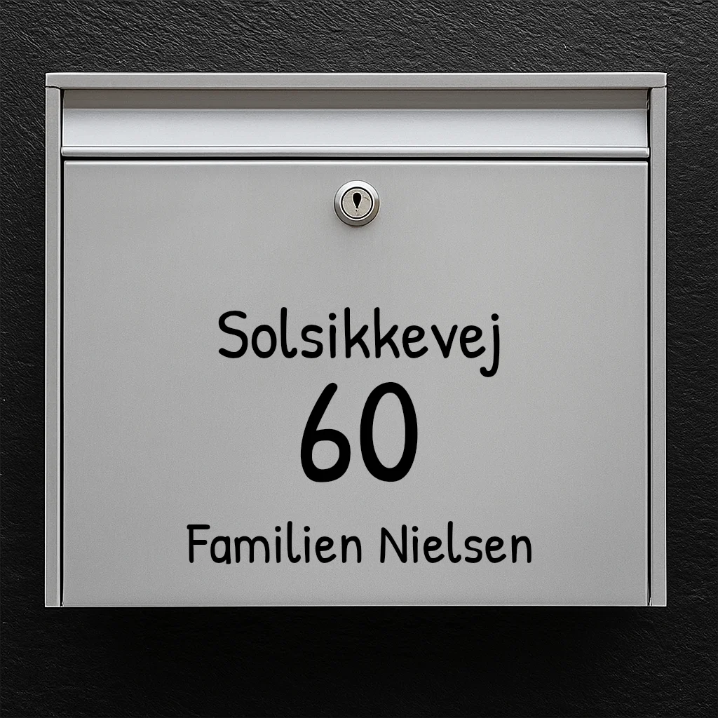 Postkassesticker – vælg skrifttype: vejnavn, stort husnummer & familienavn (centreret)