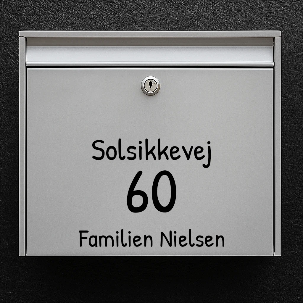 Mailbox sticker – choose font: street name, large house number & family name (centered)