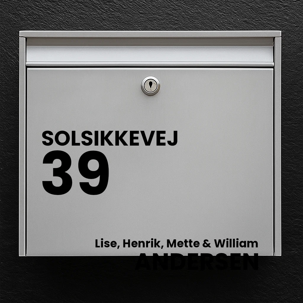 Mailbox sticker – street name, large house number & last name (with first names)