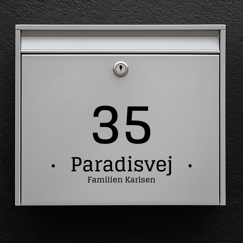 Postkassesticker – stort husnummer med midterlinje (vejnavn eller familienavn)