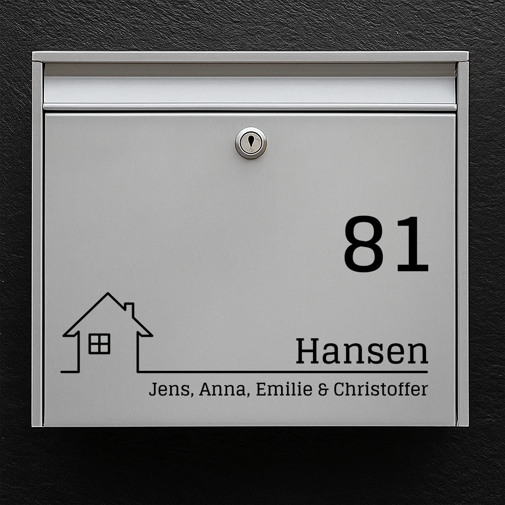 Mailbox sticker – house icon, large house number & family name