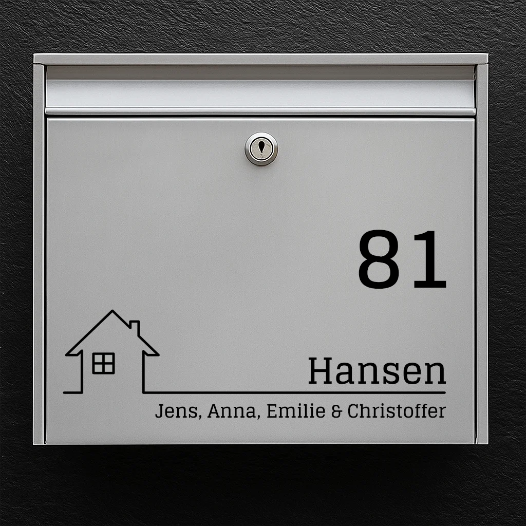 Postkassesticker – hus-ikon, stort husnummer & familienavn