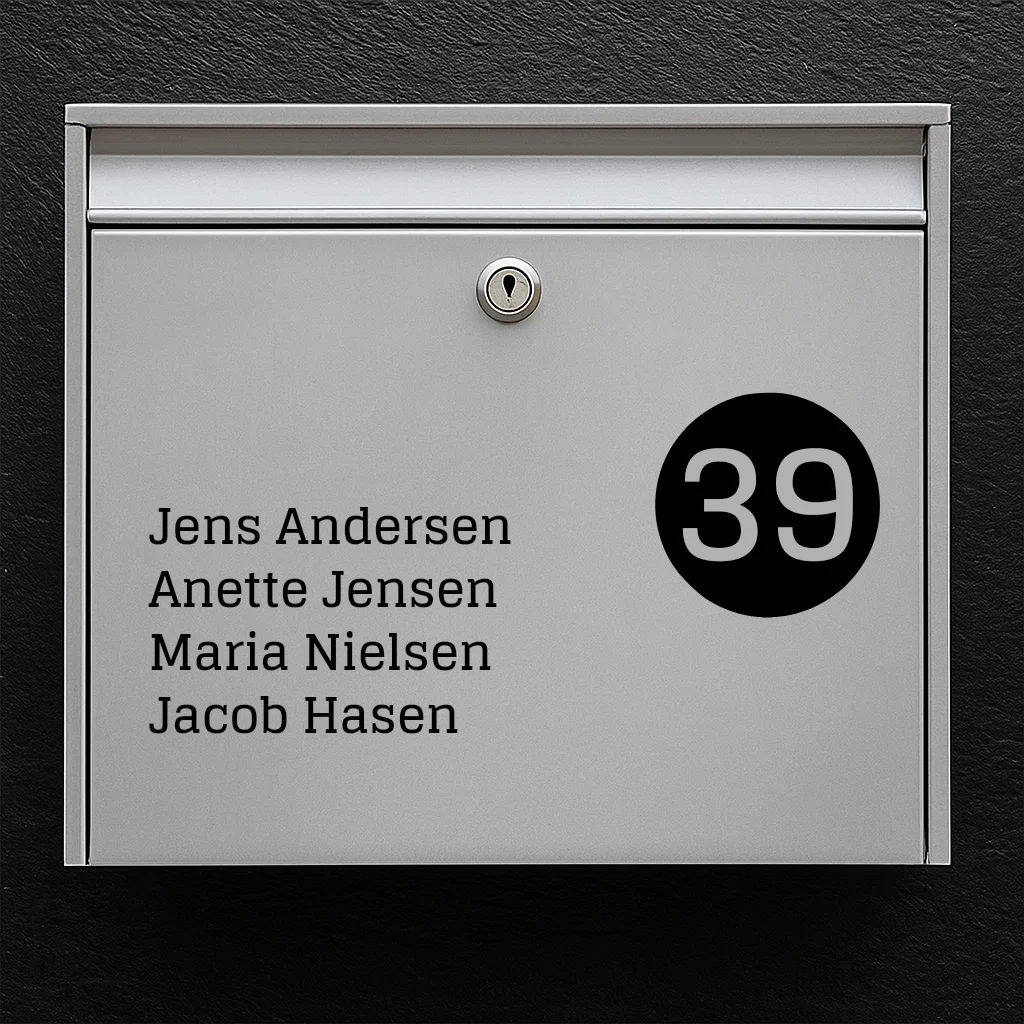 Postkassesticker – navneliste med rundt husnummer-badge