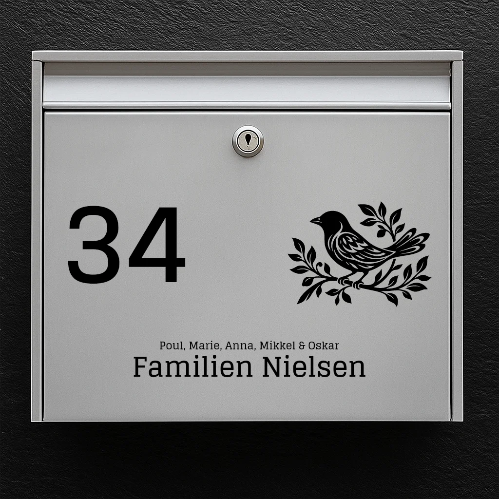 Briefkastenaufkleber – Vogelsymbol mit Hausnummer, Familienname und Vornamen 