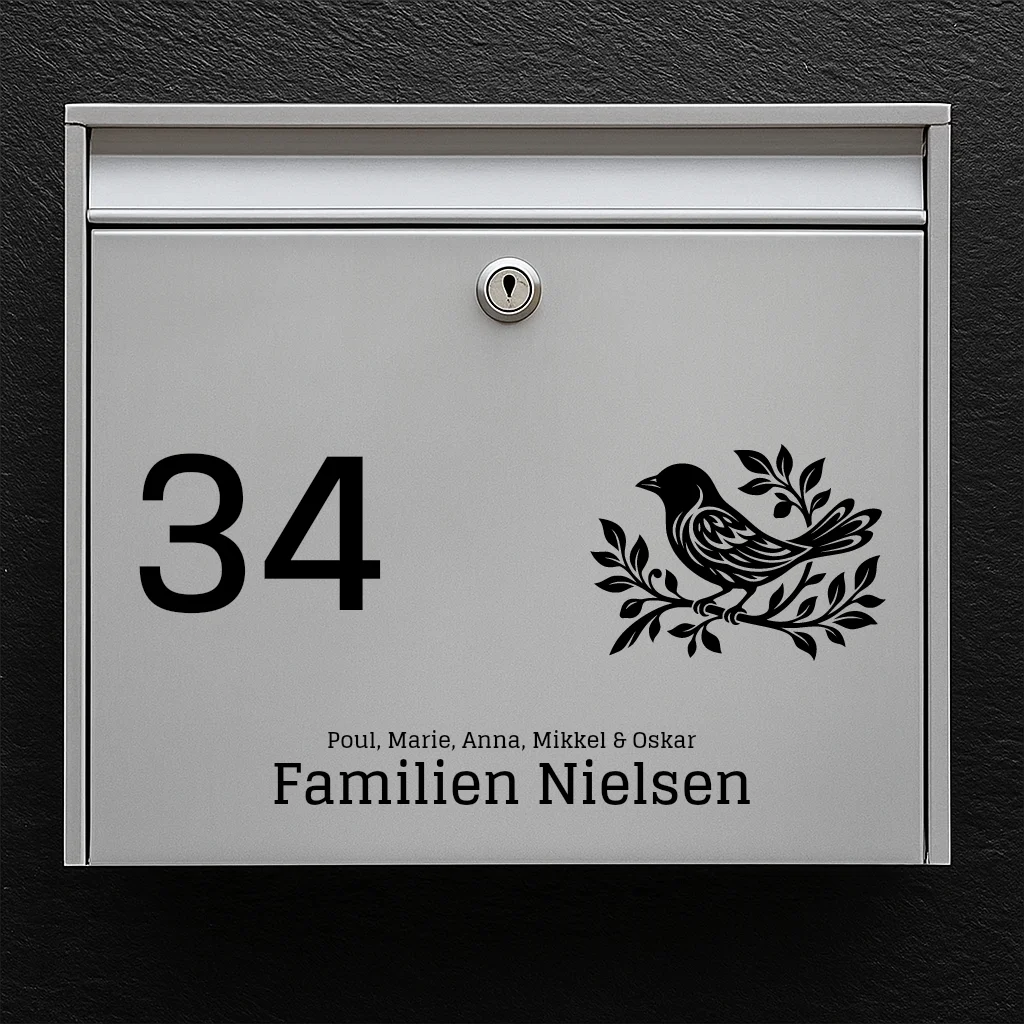 Postkassesticker – fugle-ikon med husnummer, familienavn & fornavne