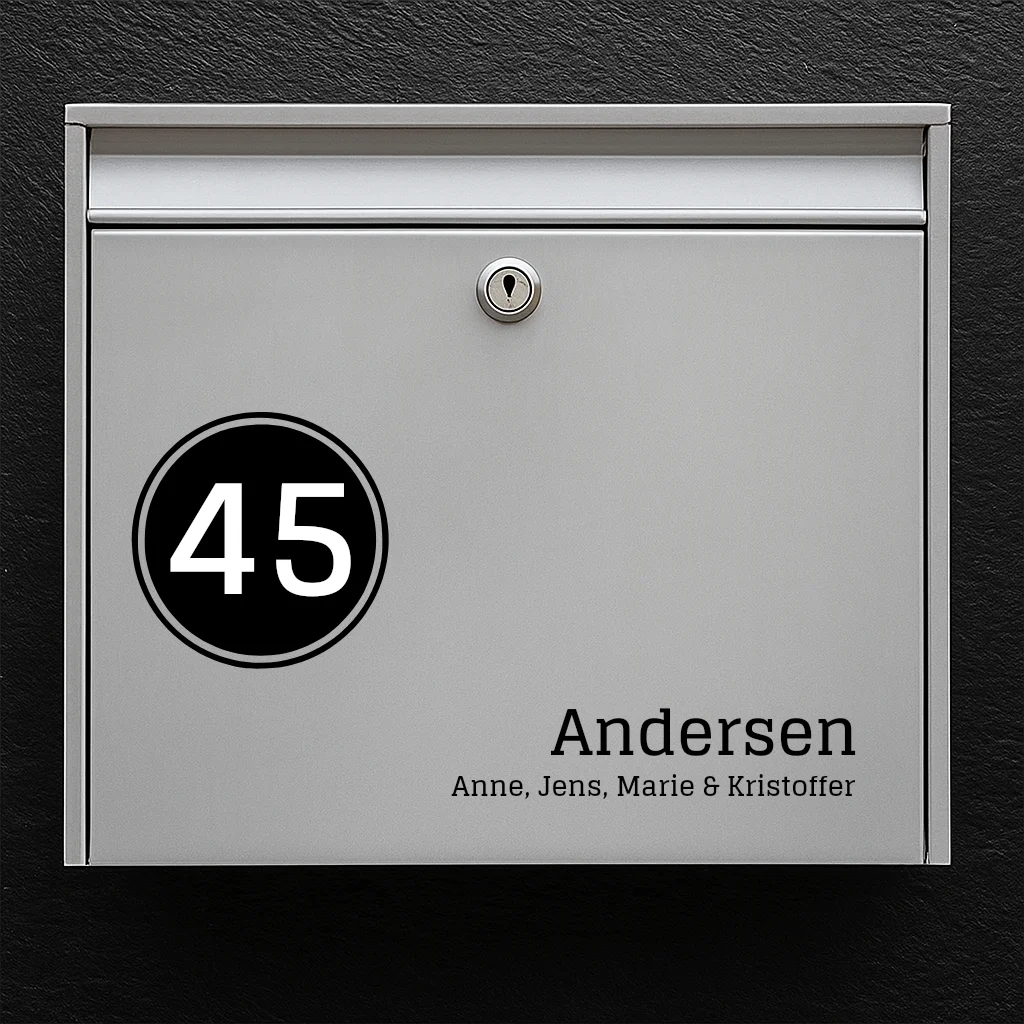 Mailbox sticker – left house number badge with last name & first names