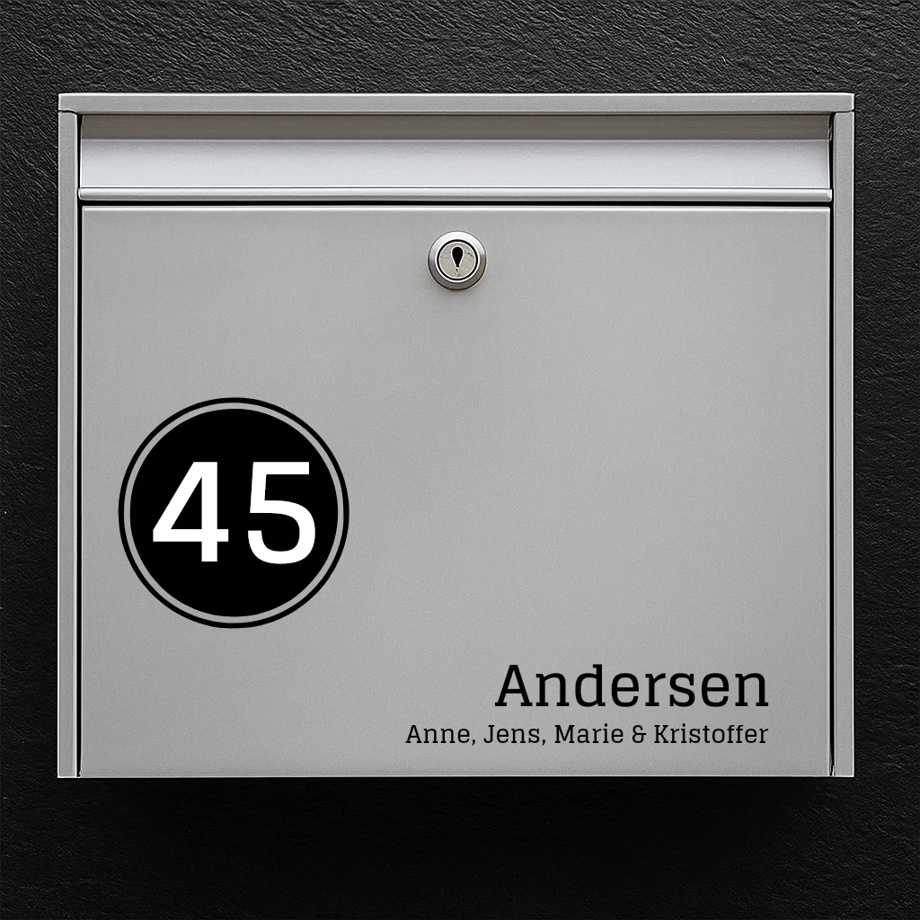 Postkassesticker – venstre husnummer-badge med efternavn & fornavne