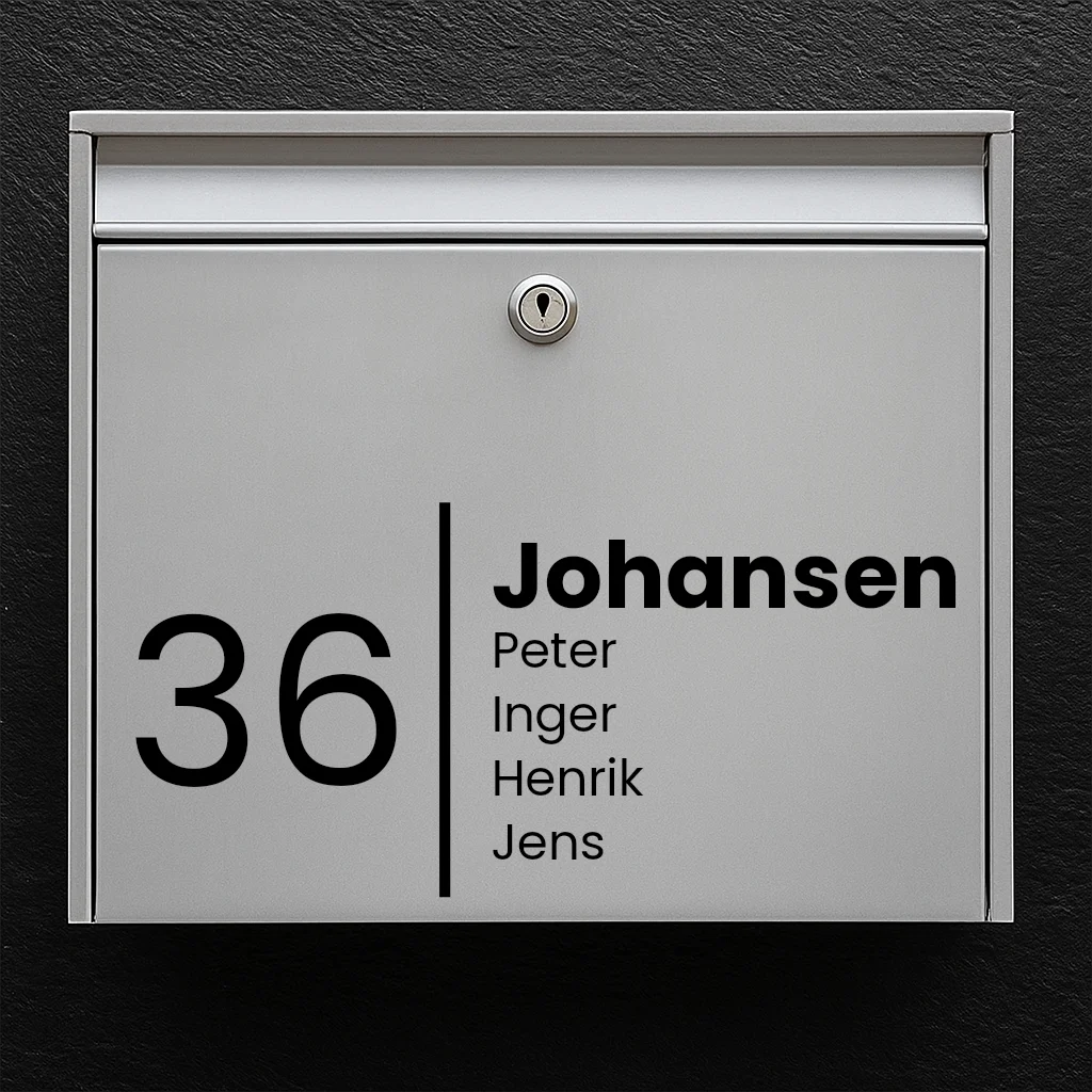 Postkassesticker – stilfuldt design med efternavn, fornavne & husnummer
