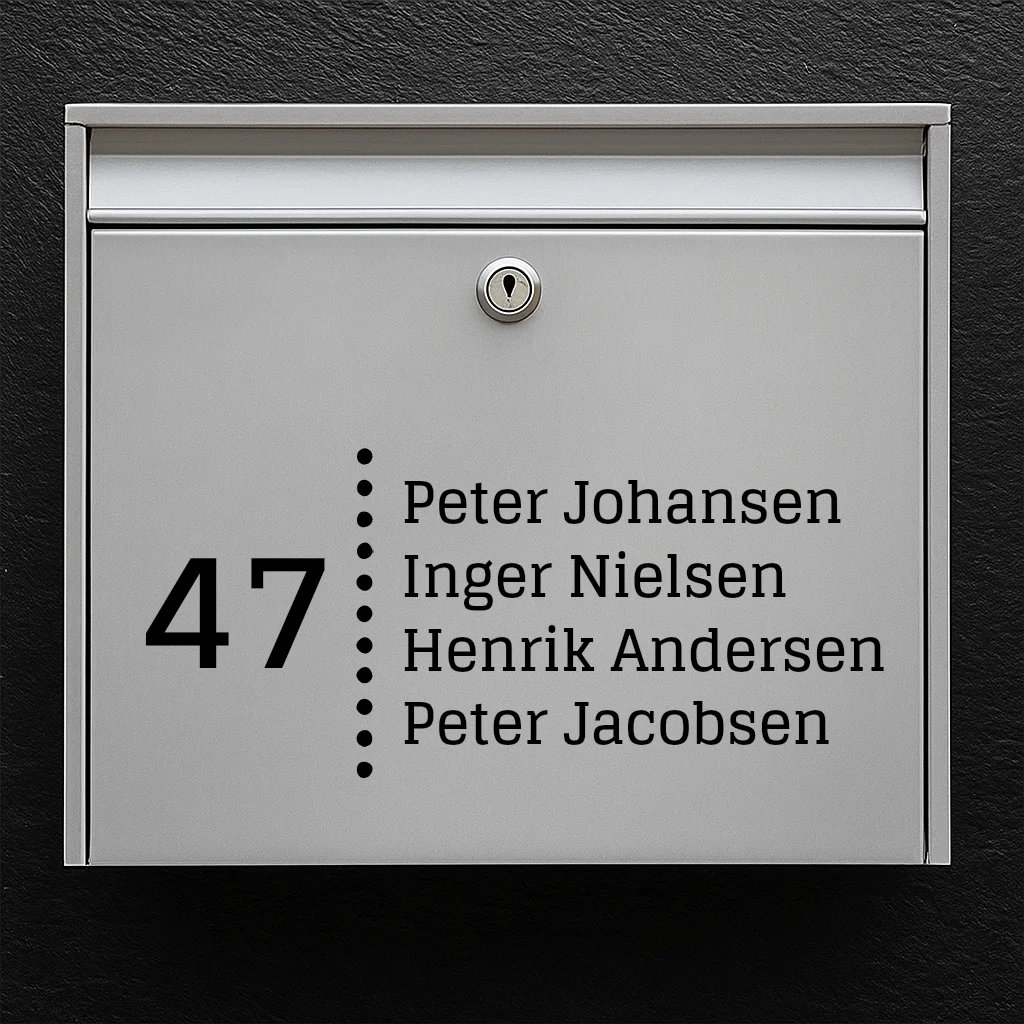 Postkassesticker – husnummer med prikket skillelinje & navneliste
