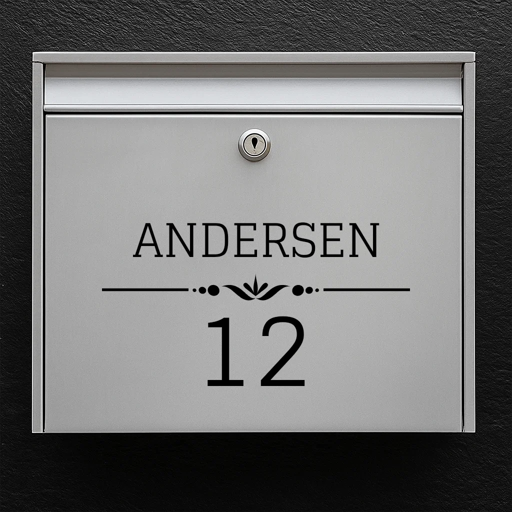 Mailbox sticker – last name with decorative line & large house number