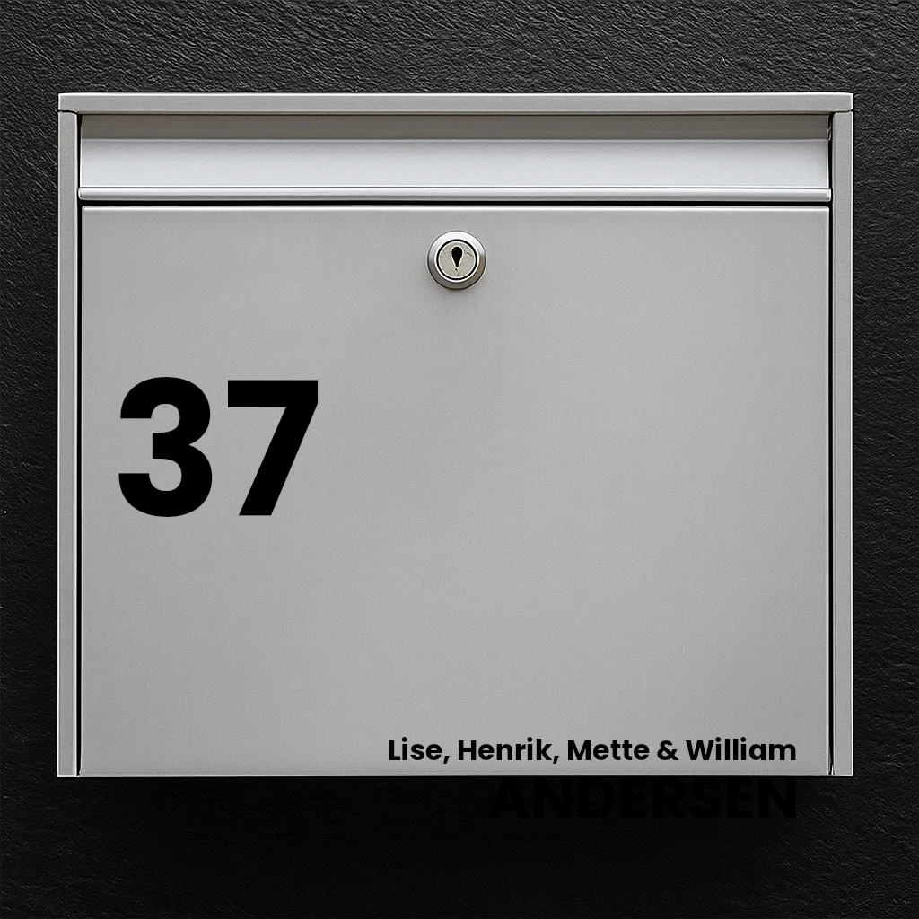 Mailbox sticker – large house number & last name (with first names)