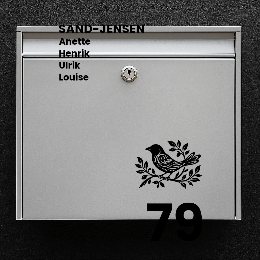 Postkassesticker – Wave-layout med fuglemotiv, efternavn, fornavne & husnummer