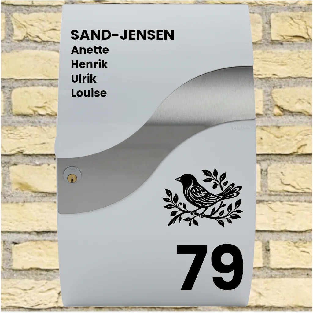 Brevlådedekaler – Wave-layout med fågelmotiv, efternamn, förnamn & husnummer