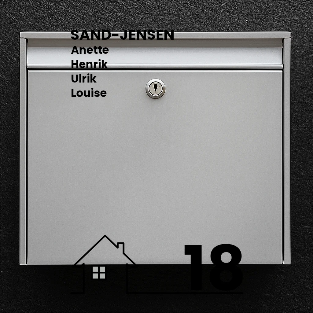 Postkassesticker – Wave-layout med husmotiv, efternavn, fornavne & husnummer