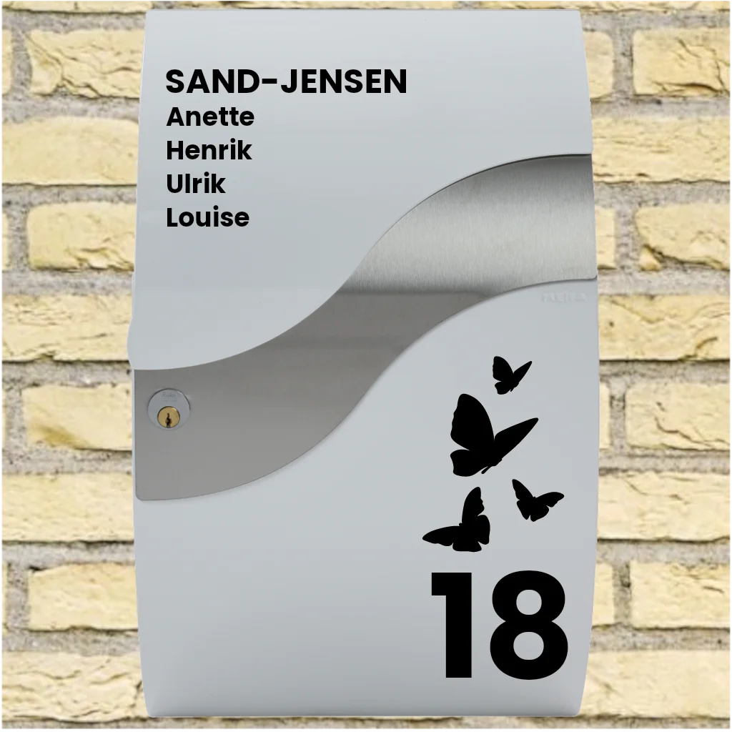 Brevlådedekaler – Wave-layout med fjärilsmotiv, efternamn, förnamn & husnummer